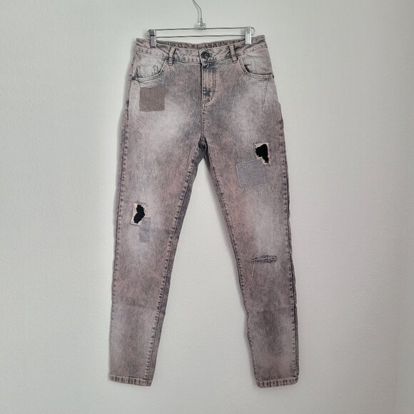MARYLEY Italy Distressed Patched Grey Acid Wash Slim High Rise Jeans Size 29 - Picture 1 of 13